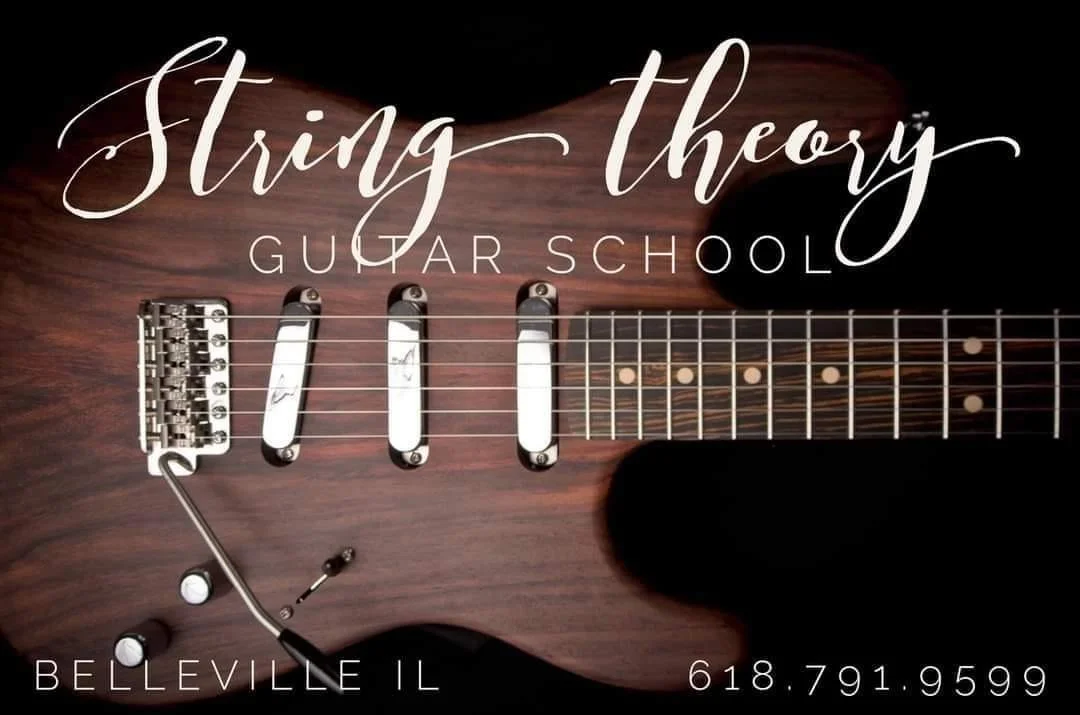 A promotional flyer for String Theory Guitar School featuring a close-up of an electric guitar, with the school’s name, location in Belleville, Illinois, and phone number.