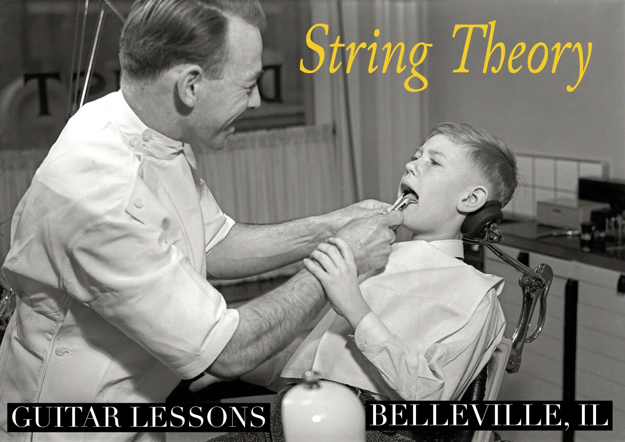 A black-and-white photo showing a dentist examining a young boy in a dental clinic. The boy is sitting in a dental chair with his mouth open, and the dentist is using dental equipment to examine his teeth. The background includes dental tools and equ