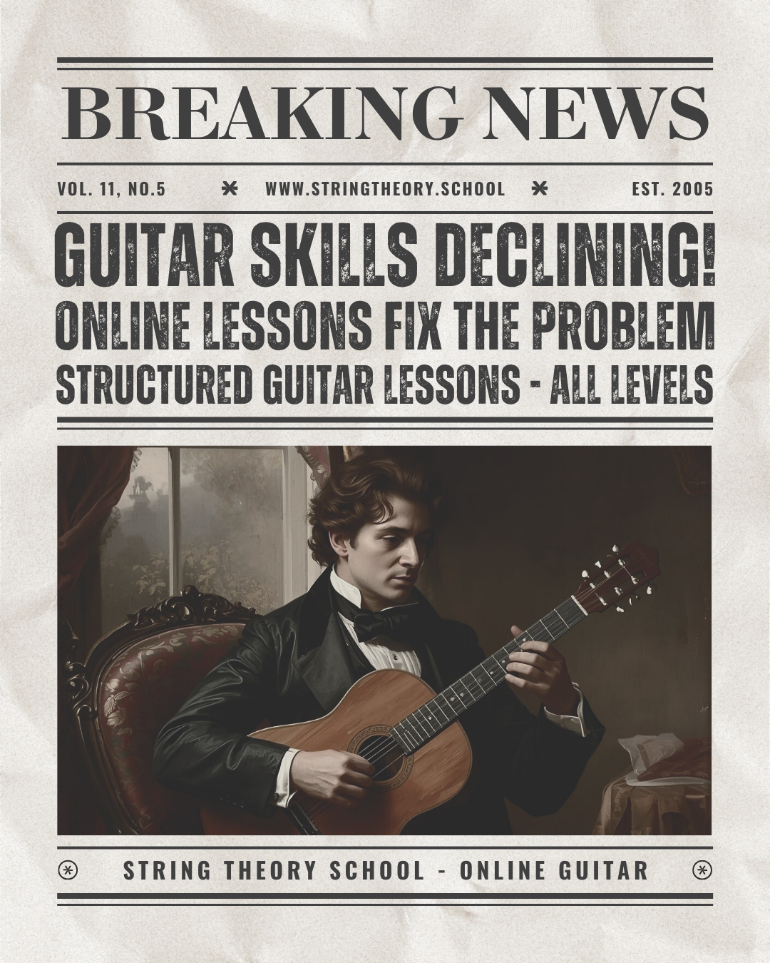 A young man in formal attire sitting in a vintage chair, playing an acoustic guitar in a dimly lit room with a window in the background