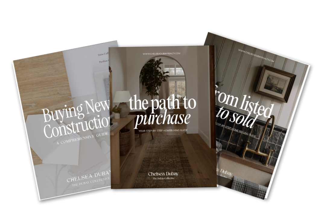 Three home guide book covers, each featuring interior design themes such as new construction, path to purchase, and listed to sold.