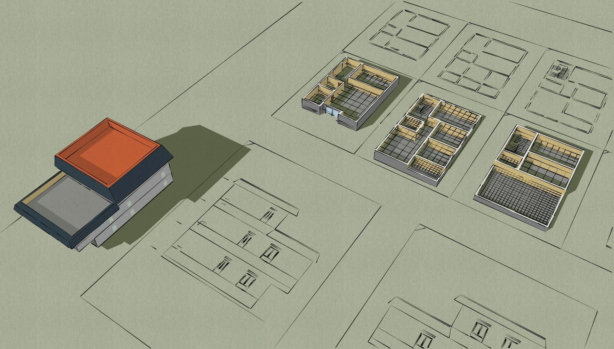 A 3D architectural model displaying various building plans and structures, including a main building with a red roof, several flat-roofed structures with glass windows, and detailed floor layouts on a light green background.
