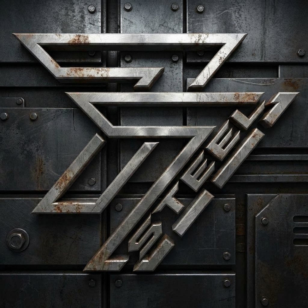 Metal emblem with the text "ZELDA" and a stylized Z logo mounted on a industrial metal wall.
