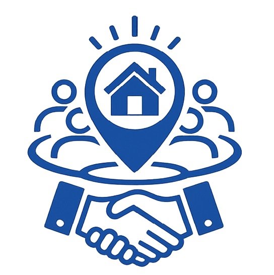 Icon depicting a community with a house inside a location pin, two shaking hands below, and multiple people circling around, symbolizing housing collaboration or community support.