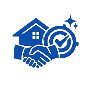 Graphic of a house, two hands shaking, and a checkmark inside a target, symbolizing home agreement and trust.