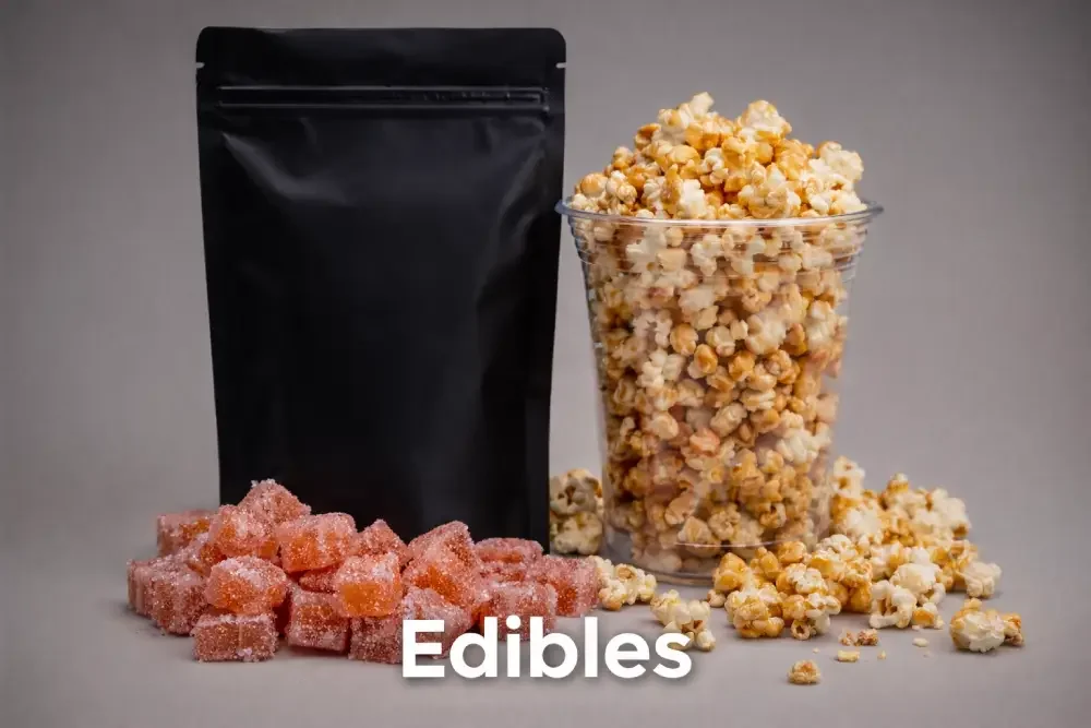 Assorted candies including a chocolate bar, red sugar-coated gummies, purple chocolates, and a cookie.