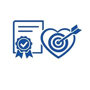 Certification document and a heart with an arrow and target symbol indicating achievement and goal fulfillment.