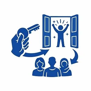 Icon of a key turning in a lock with an open door and a person celebrating inside, connected by arrows to three diverse people, symbolizing access and inclusion.