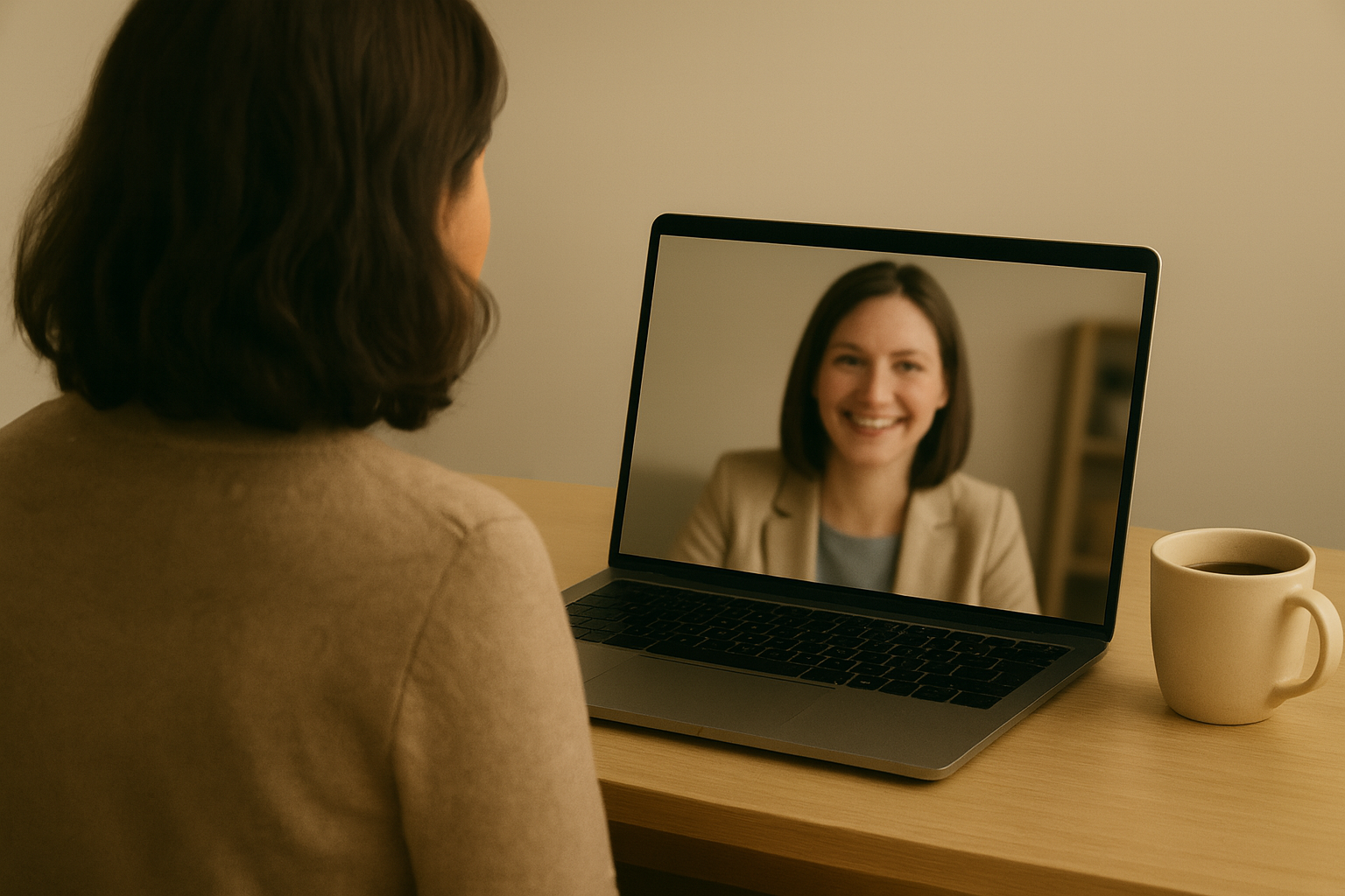 A woman is sitting at a desk, looking at a laptop screen with a smiling woman on a video call. A cup of coffee is on the desk.