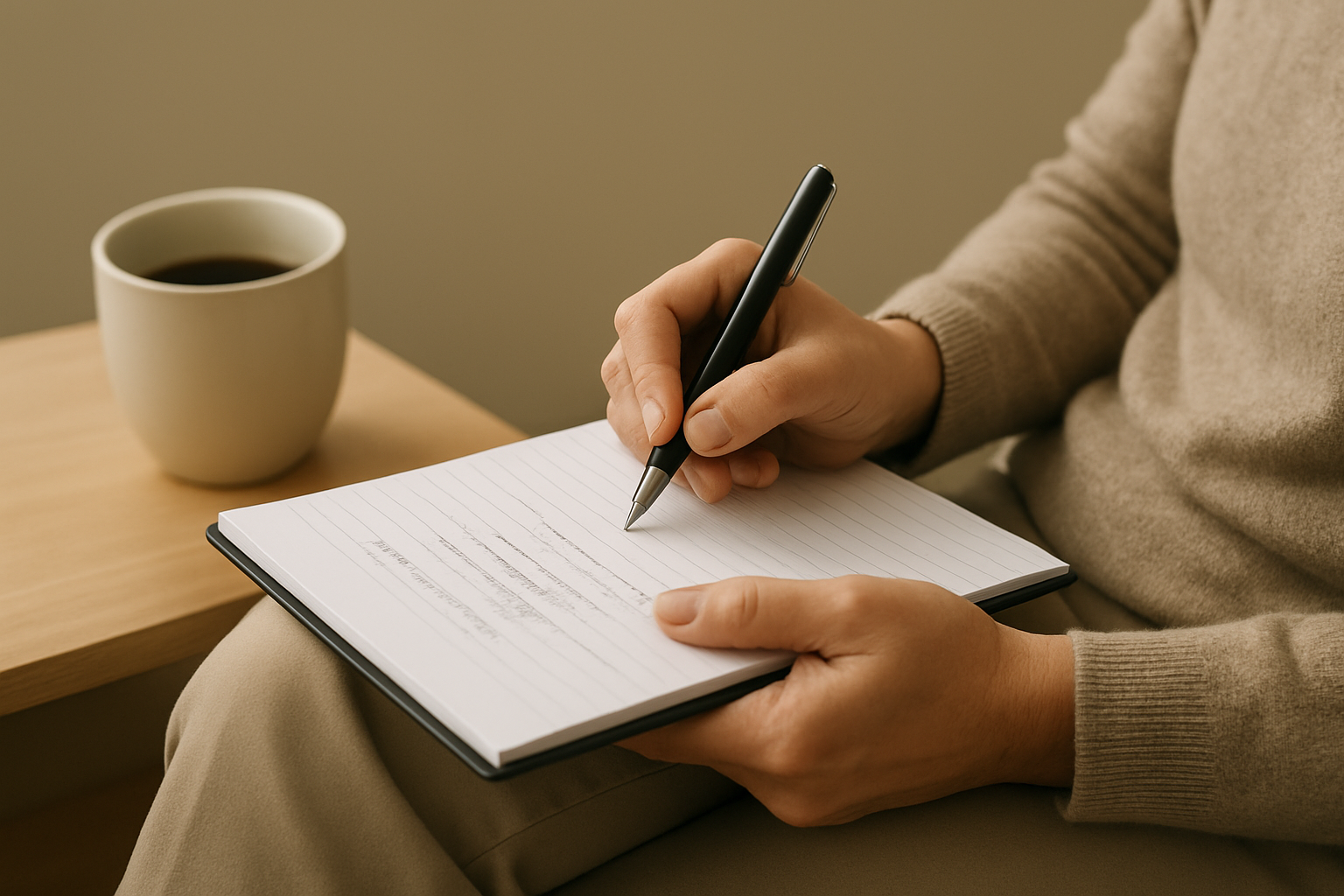 A person writing in a lined notebook with a pen, sitting at a wooden table with a cup of coffee nearby.