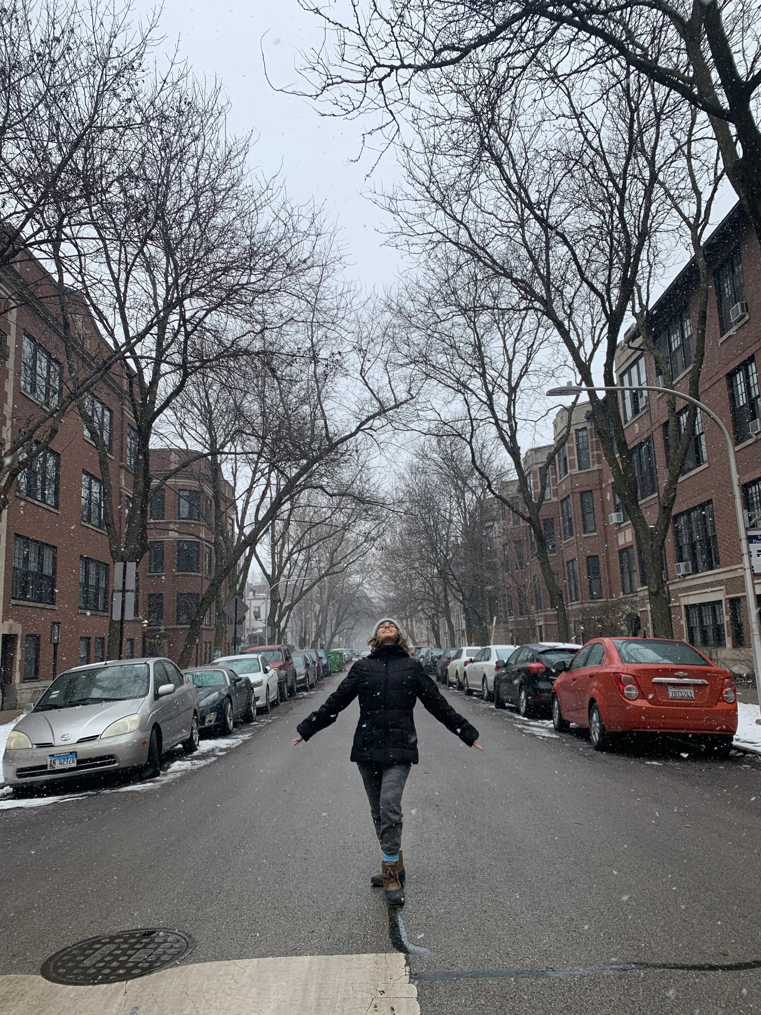 A woman skating on a city street lined with parked cars and bare trees, with winter weather and snowflakes falling.
