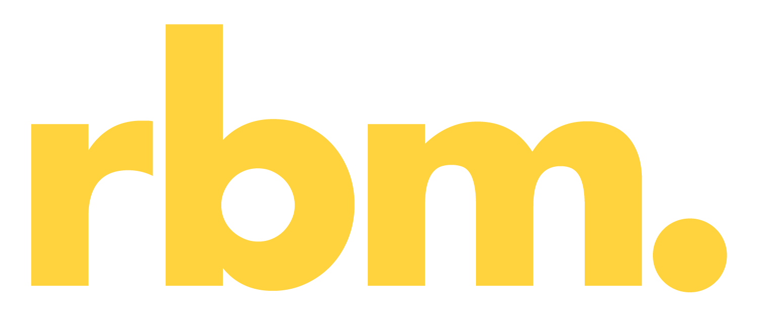Large yellow lowercase letters spelling 'rbhm' with a yellow dot at the end, on a black background.