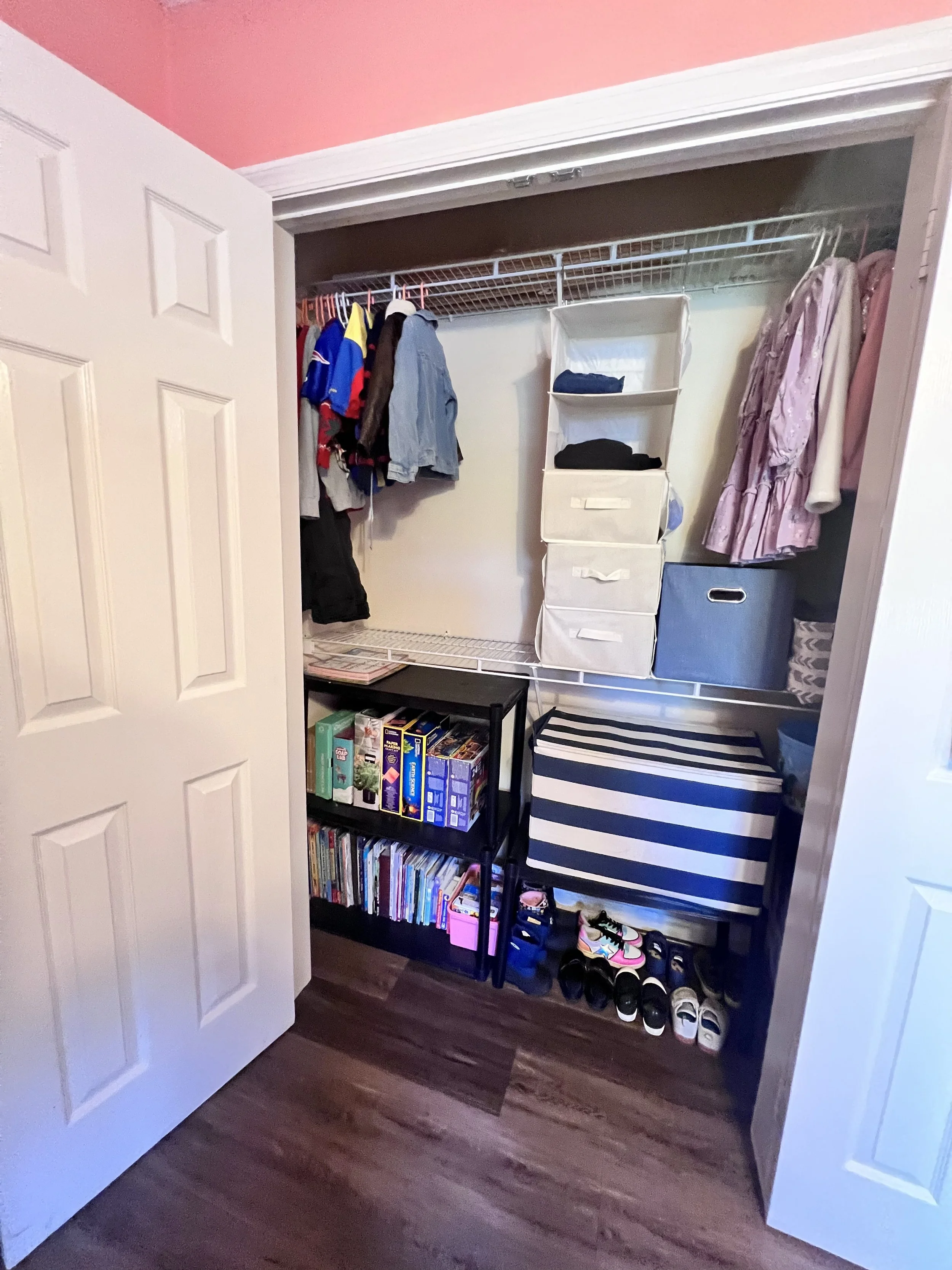 Organized closet cleaned and refreshed during home cleaning service.