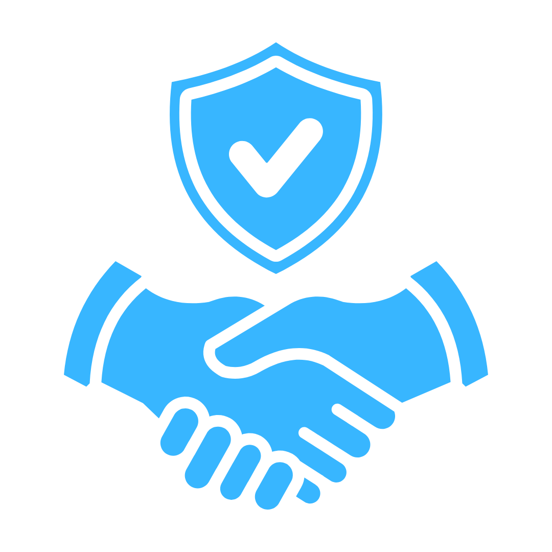 Illustration of two hands shaking with a shield and checkmark above, symbolizing security, trust, and protection.