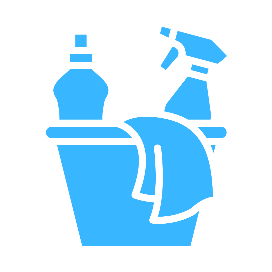 Icons of cleaning supplies including a spray bottle, a cleaning cloth, and a container, all in blue.