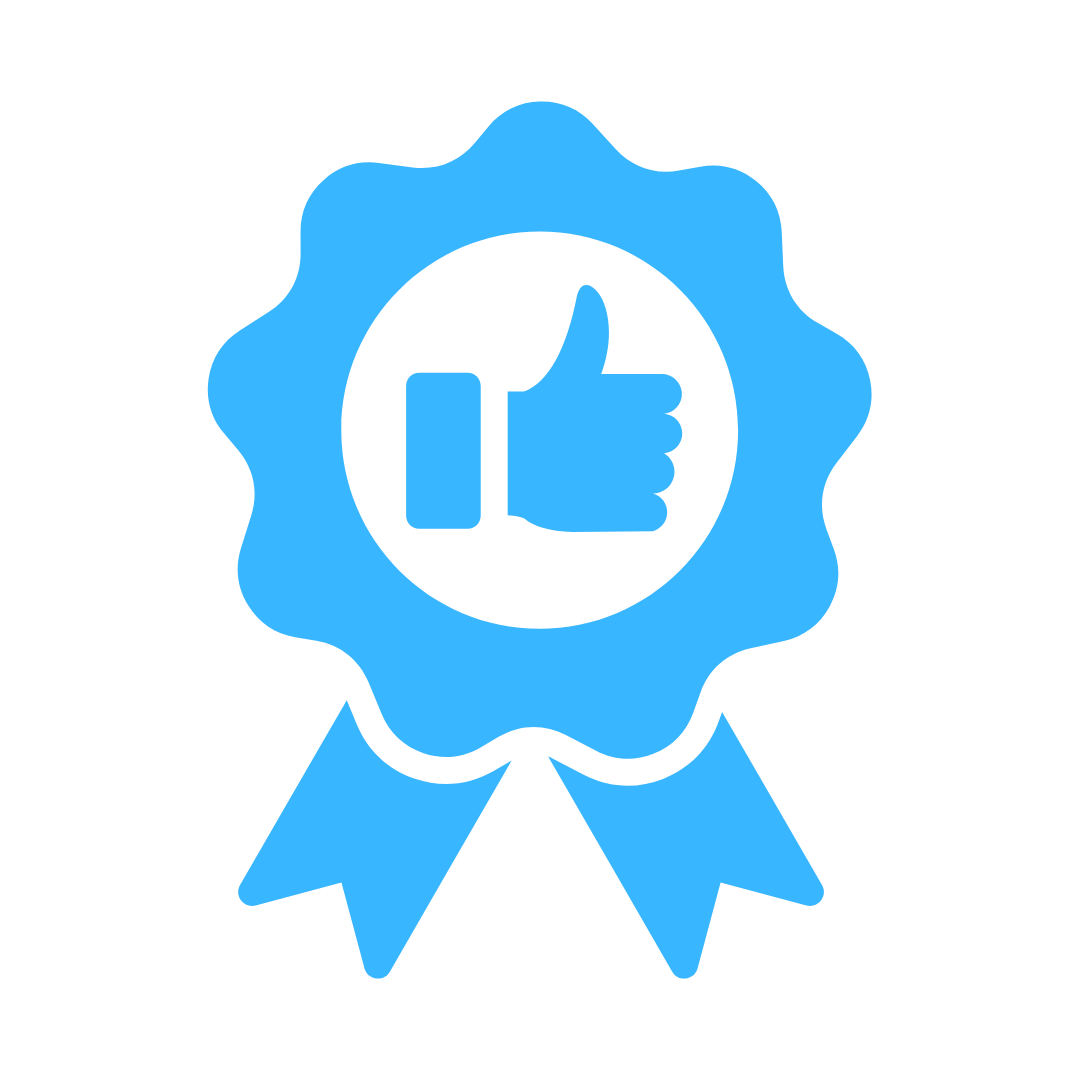 Blue award ribbon with a thumbs-up icon in the center.