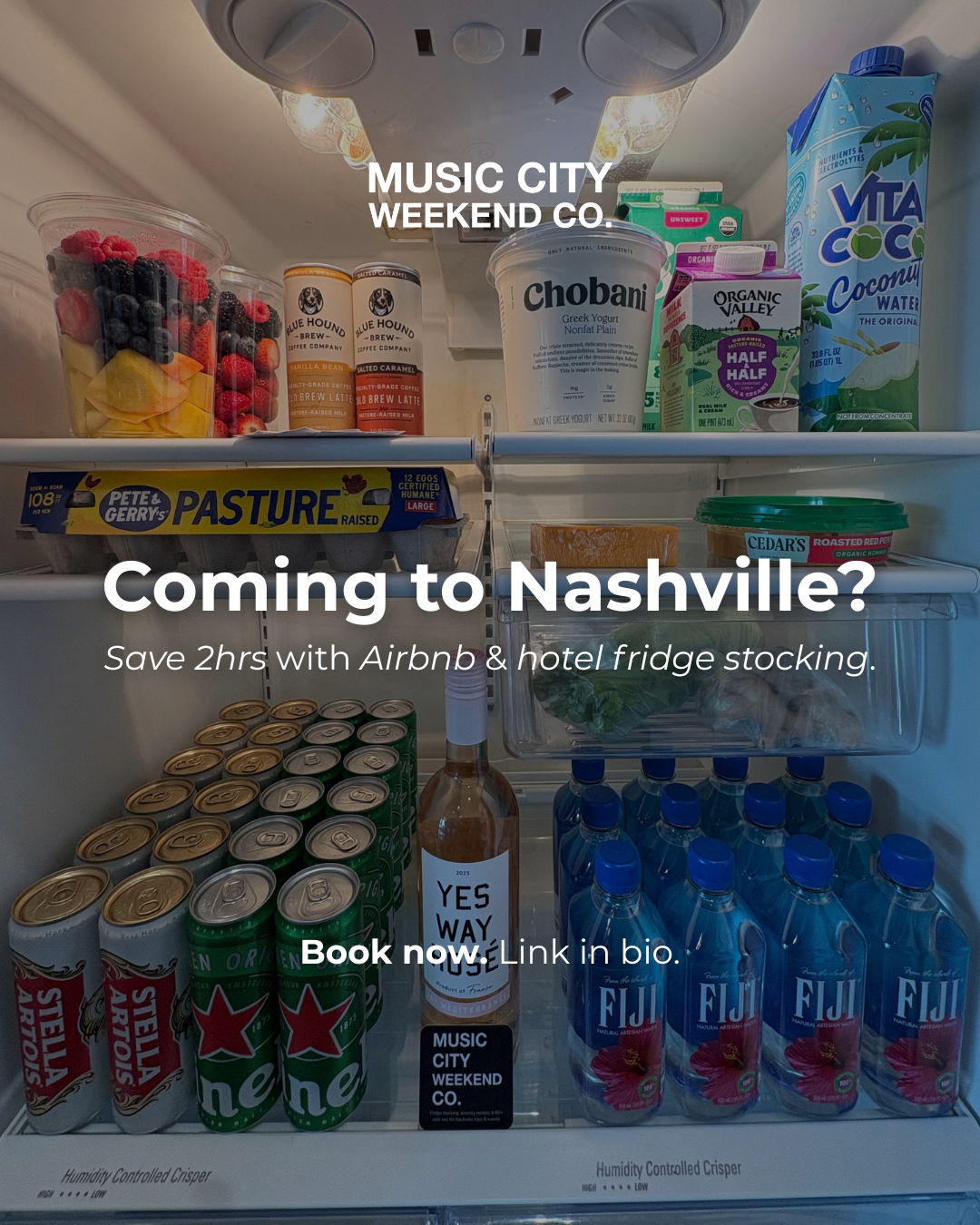 Fridge stocked with drinks and groceries by Music City Weekend Co. for a Nashville Airbnb