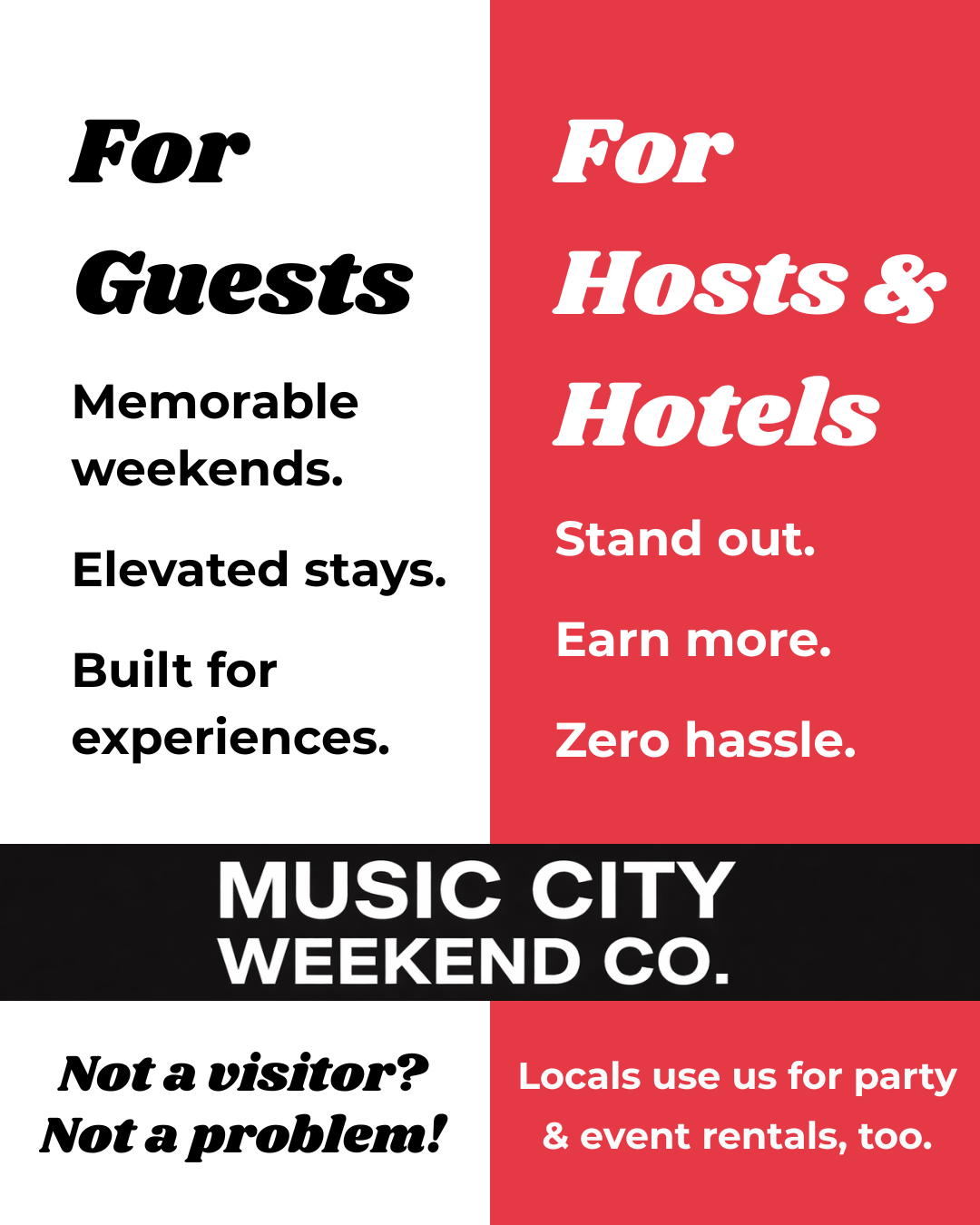 A promotional poster divided into two sections. The left side has black text on a white background, advertising for guests with phrases like 'Memorable weekends,' 'Elevated stays,' and 'Built for experiences.' The right side has white text on a red background, targeting hosts with phrases like 'Stand out,' 'Earn more,' and 'Zero hassle.' The middle black band reads 'MUSIC CITY WEEKEND CO.' and the bottom left corner promotes the company with 'Not a visitor? Not a problem!' The bottom right corner states 'Locals use us for party & event rentals, too.'
