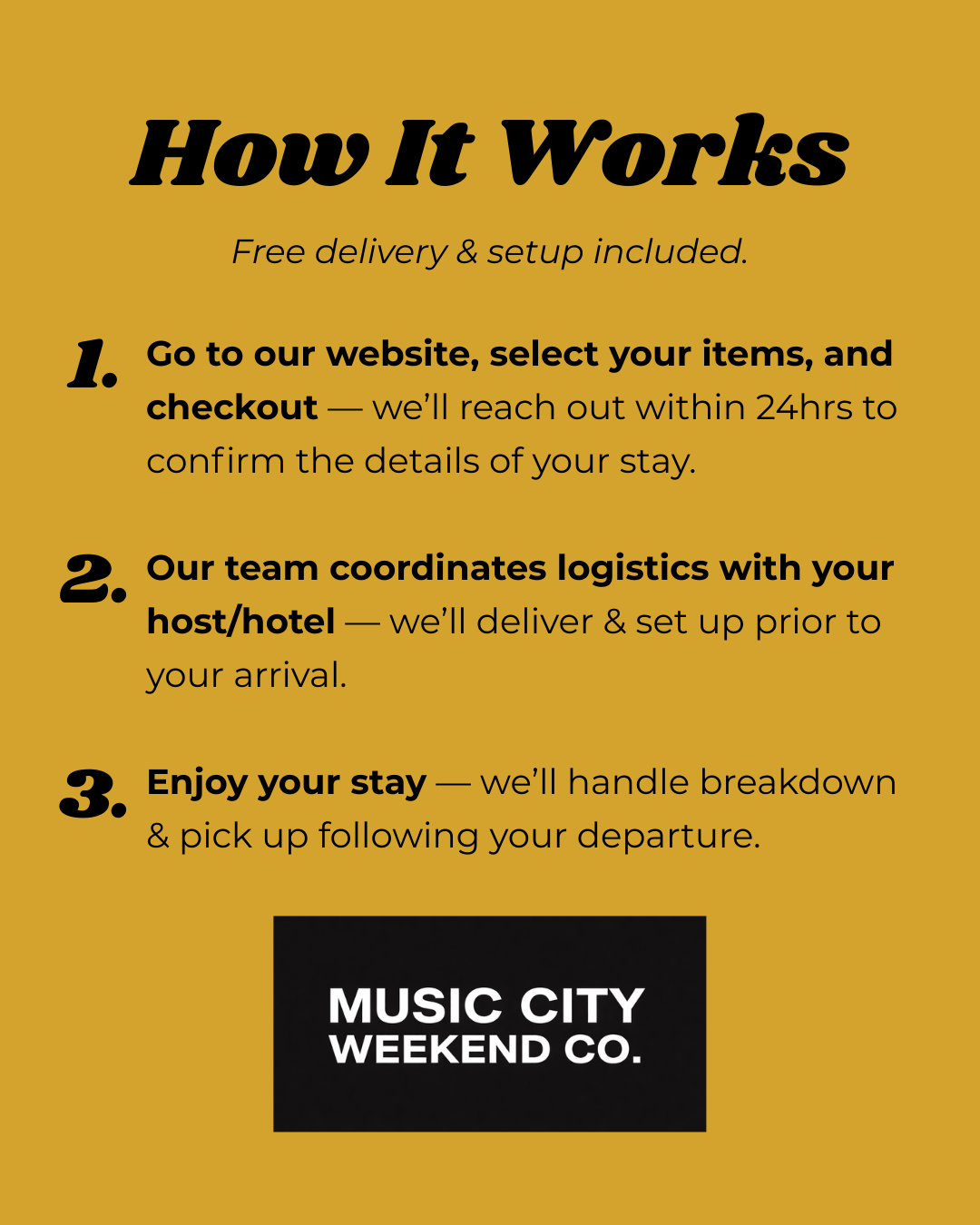 How It Works instructions for Music City Weekend Co. on a yellow background, with steps for ordering: visit website, coordinate logistics, enjoy stay; includes black box with white text logo.