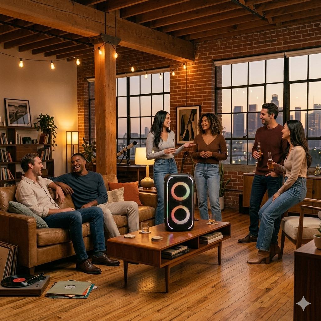 A group of six friends socializing and having fun at a cozy, stylish loft apartment with exposed brick walls and large windows at sunset. They are enjoying drinks, chatting, and listening to music from a large Bluetooth speaker.