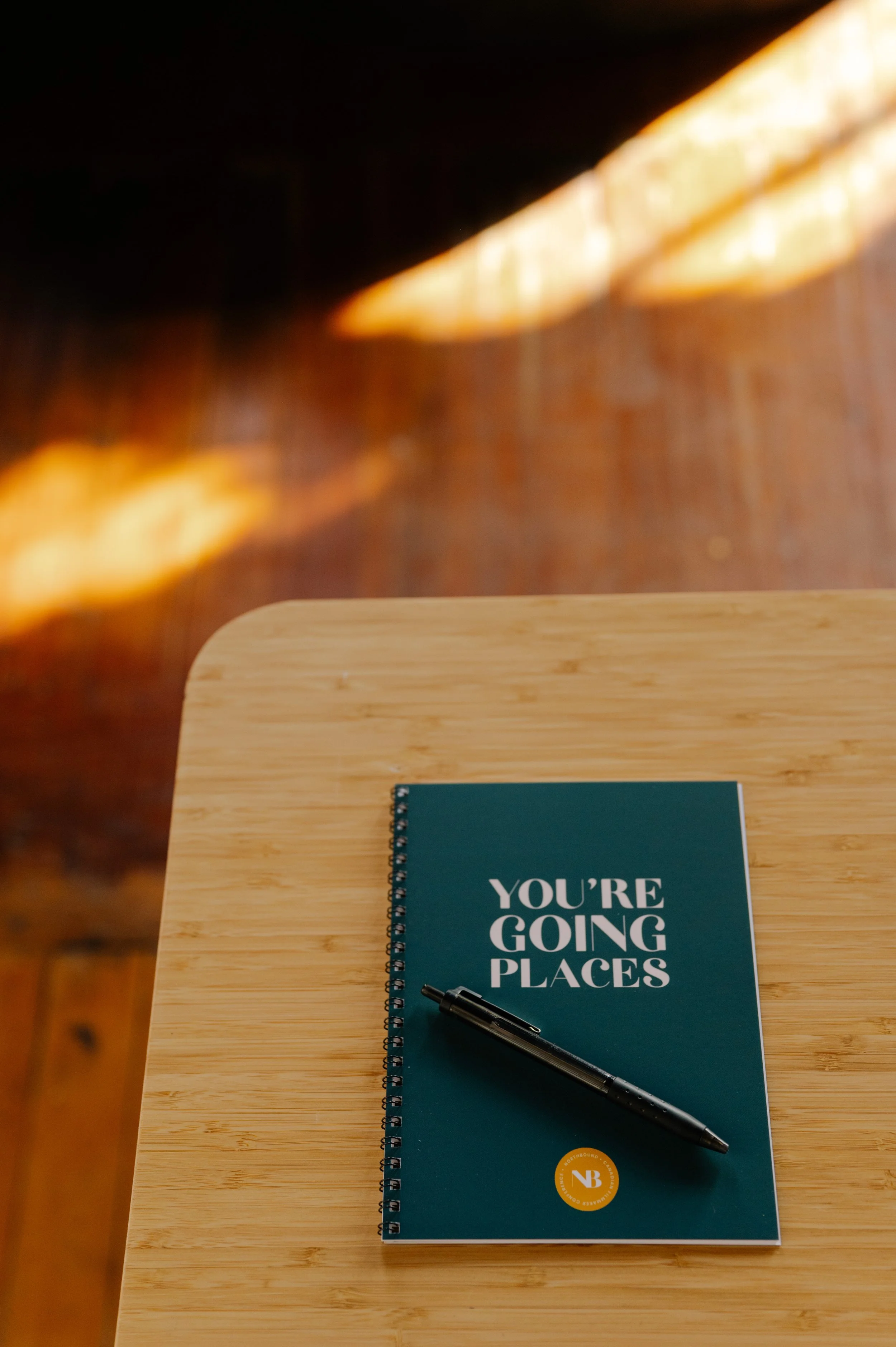A teal notebook with the words 'YOU'RE GOING PLACES' on the cover, a black pen resting on it, placed on a light wooden table.