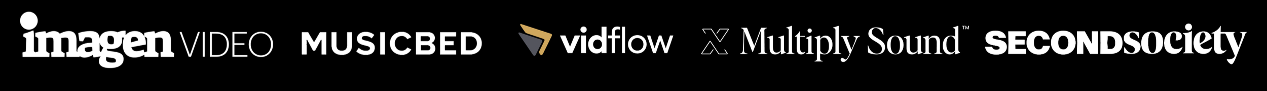 Logos of media companies and platforms including imagen VIDEO, MUSICBED, vidflow, Multiply Sound, and SECONDSOCIETY against a black background.