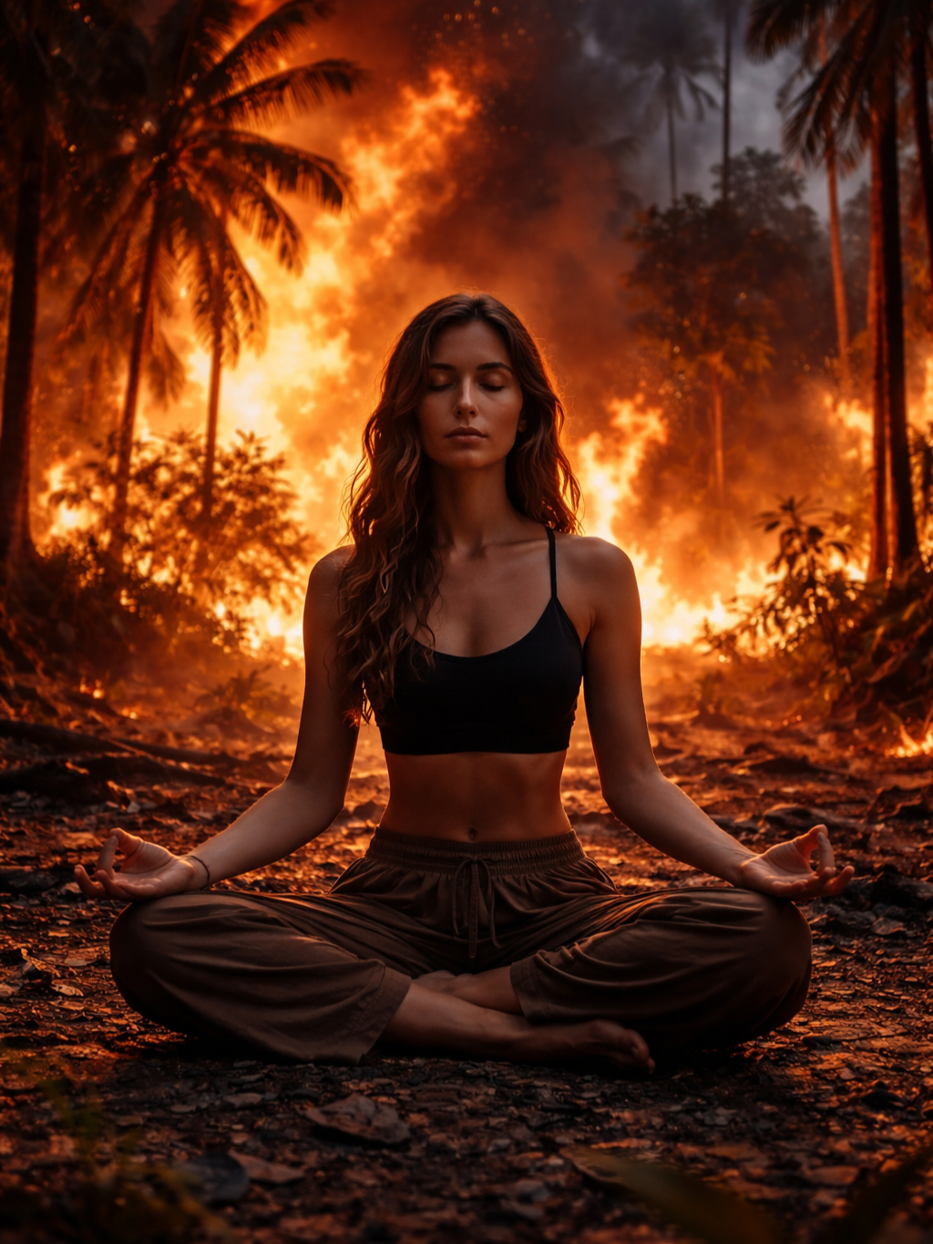 Woman sits meditating in front of a burning rainforest