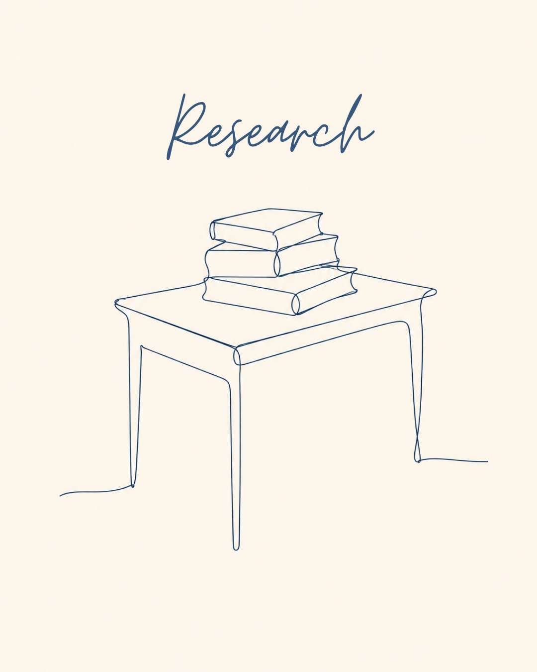 Single line drawing of a desk with a stack of books