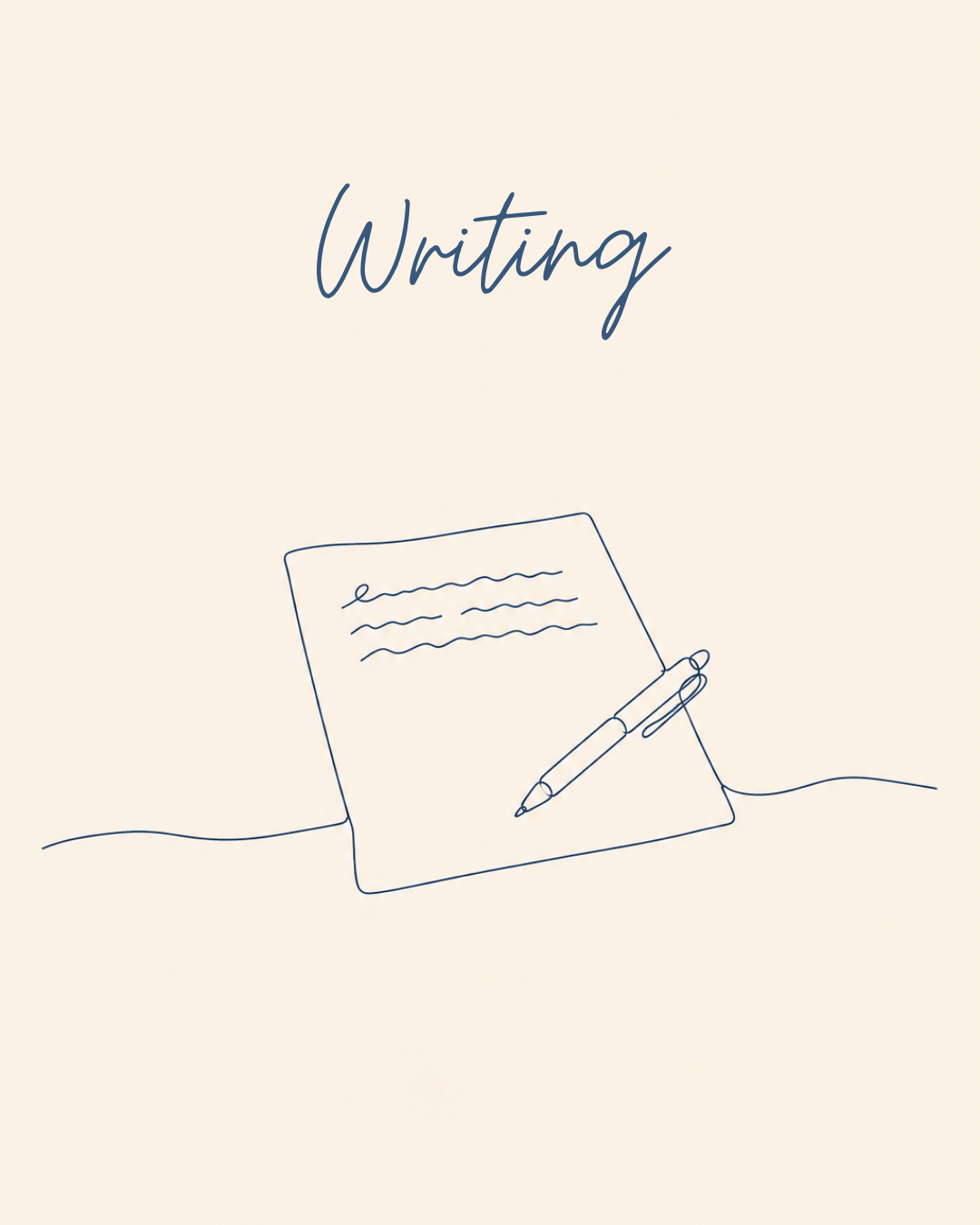 single line drawing of a piece of paper with a pen beside it