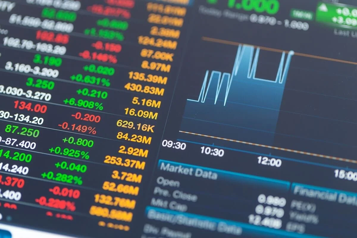 Financial stock market chart with data, stock prices, and a graph showing market fluctuations.