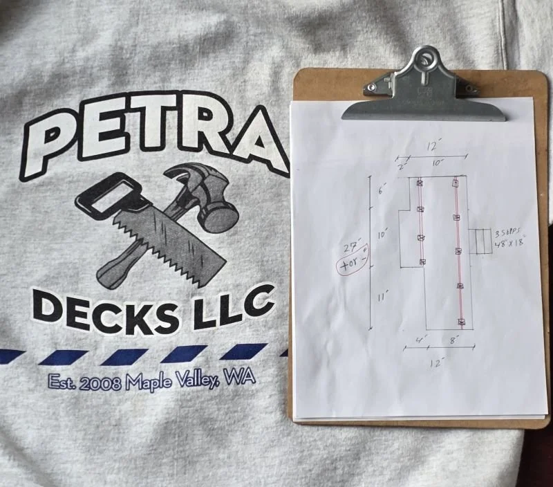 Custom deck design planning sketch reviewed during a design consultation