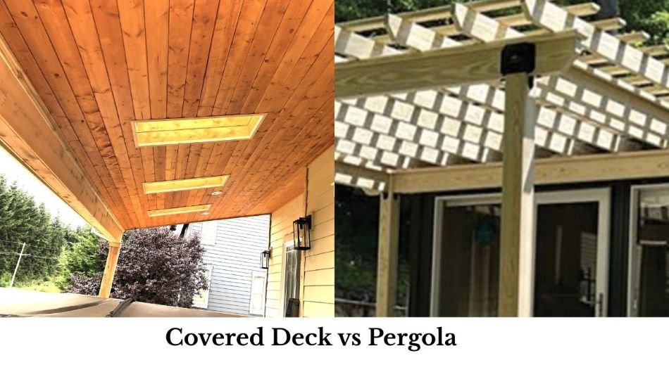 Comparison of a fully covered deck roof versus a pergola showing differences in weather protection