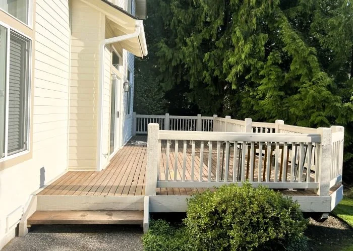 Before deck upgrade project in Issaquah WA showing existing deck structure before new decking and railing installation.