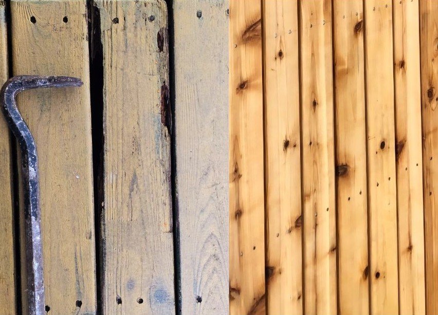 Comparison showing deteriorated deck boards alongside repaired deck surface