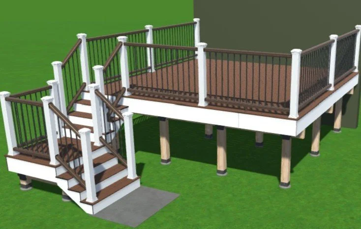 3D custom deck design showing a composite deck layout with dual staircases and aluminum railings created by Petra Decks for a residential home in King County, WA.