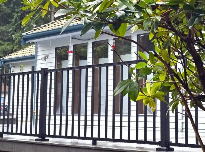 Metal deck railing with vertical infill and slim post profiles