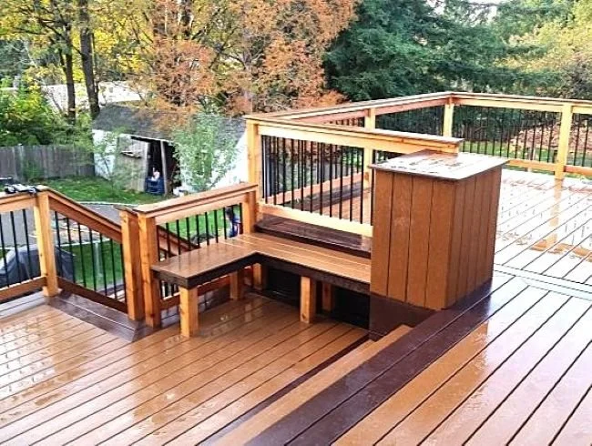 Built-in deck bench seating with integrated planter box