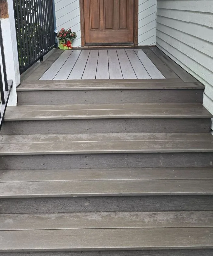 Deck replacement in Kent WA with PVC stairs and rebuilt entry platform for safe and stable access