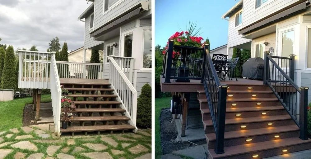 Before and after deck renovation showing stair and railing upgrades without full replacement