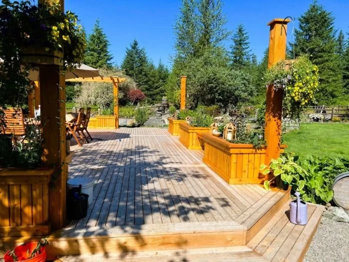 Built-in deck planter boxes integrated into the deck layout