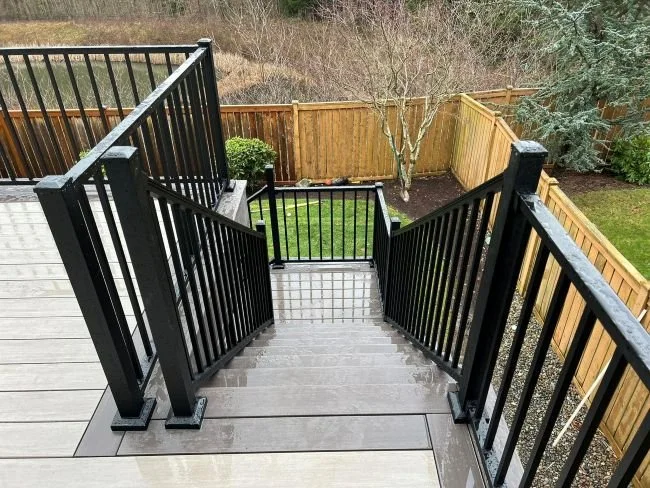 PVC deck construction project with stairs and black railing in Snoqualmie, WA