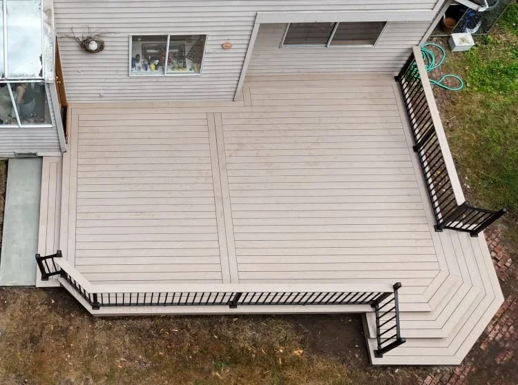 Overhead view of a TimberTech PVC deck replacement with Trex aluminum railing in East Hill, Kent, WA