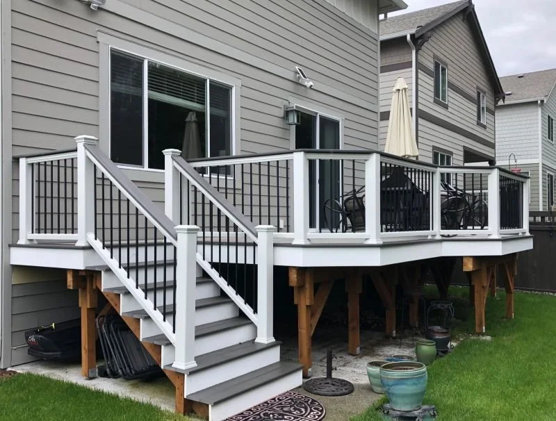 Composite deck construction in Black Diamond WA with stairs, railing system, and elevated framing built for durability and everyday outdoor use