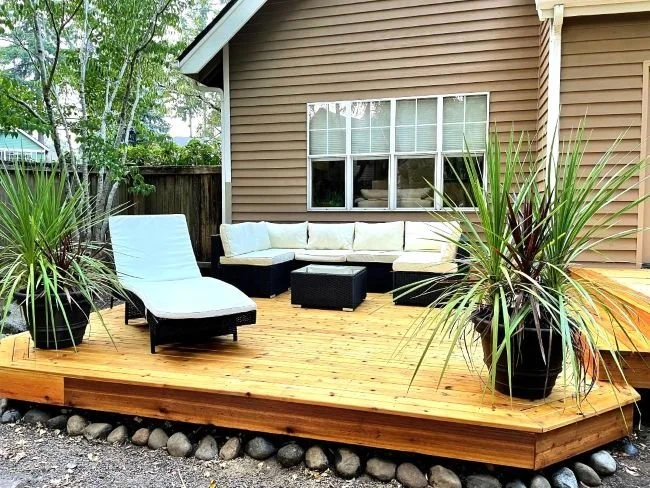 Cedar decking used in an outdoor seating area with natural wood finish
