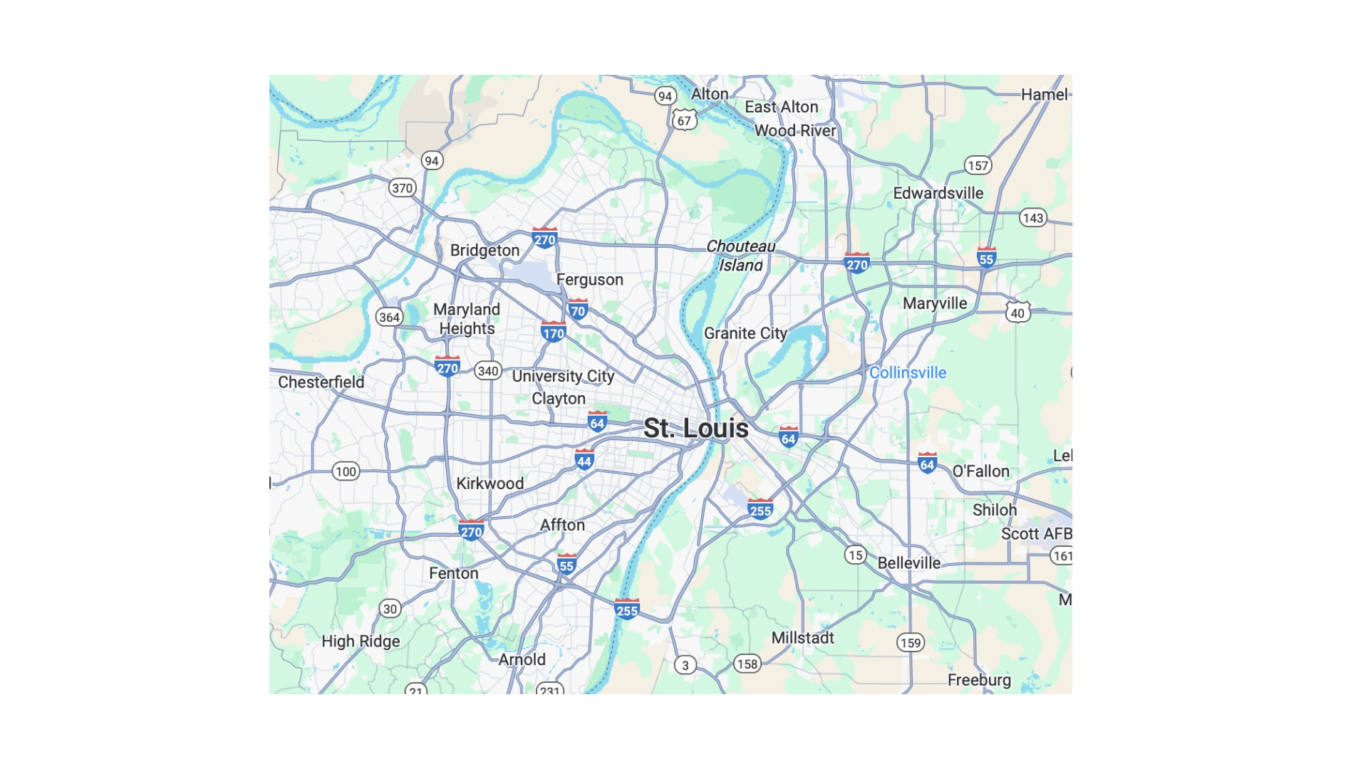 Map of St. Louis, Missouri, showing surrounding neighborhoods and highways.