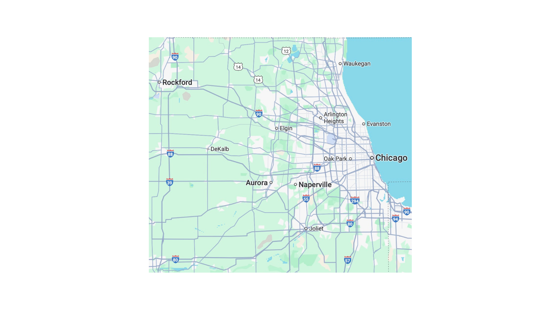 Map of the Chicago metropolitan area, showing cities and highways in northern Illinois, with Chicago near Lake Michigan.