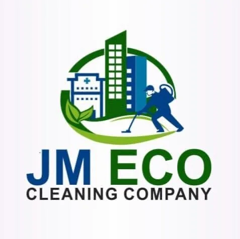 Logo for JM Eco Cleaning Company featuring a cityscape, a person cleaning, vacuuming and doing floor work