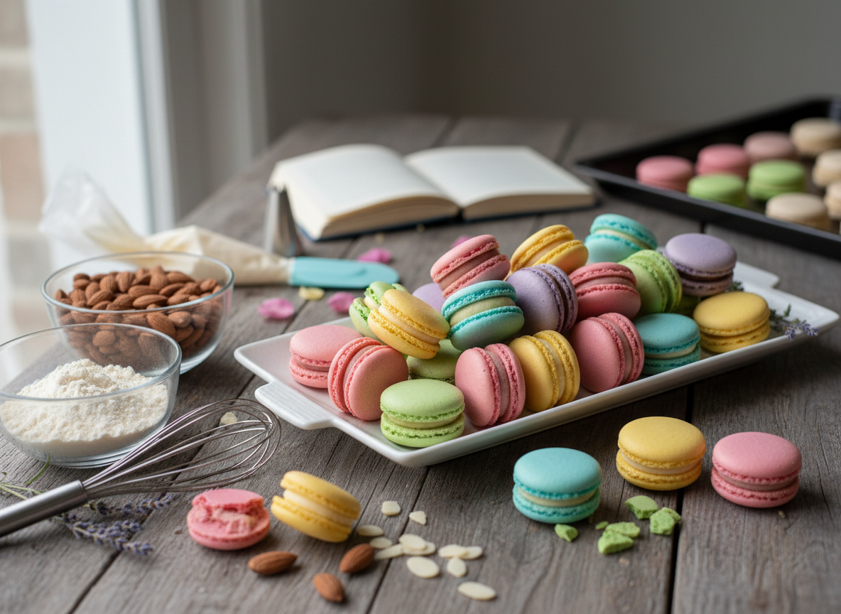 Colorful macarons on a white platter with baking ingredients and tools on a wooden table, with an open cookbook in the background.