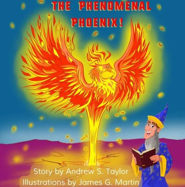 A vibrant illustration of a fiery phoenix rising from flames with the title 'The Phenomenal Phoenix!' at the top, and a cheerful wizard reading a book at the bottom right corner.