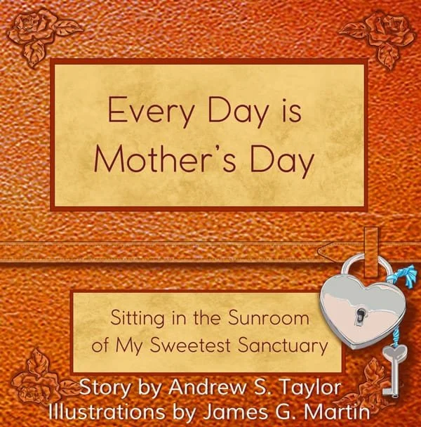 Decorative image with a quote about Mother's Day, featuring a background that looks like leather with floral accents, and a heart-shaped lock attached to a key.