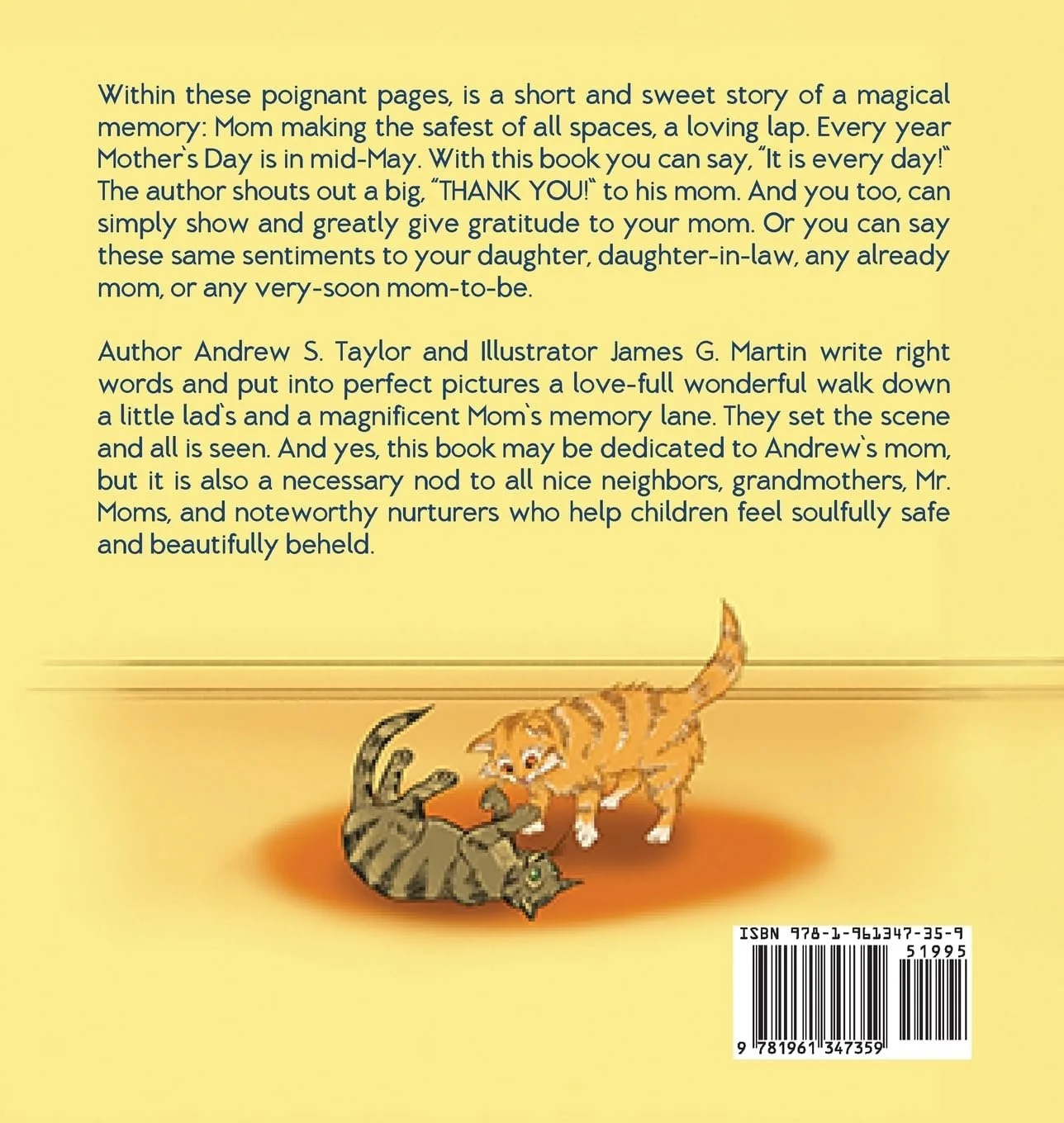 Back cover of a children's book with an illustration of a kitten and a kitten, and a barcode.